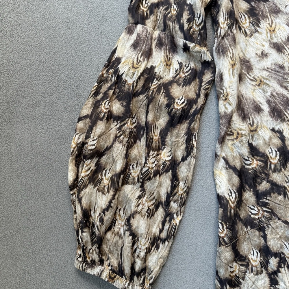 Mango MNG Suit Blouse Womens 8 Large Brown Silk Balloon Sleeve Peacock‎ Feather - Picture 5 of 15